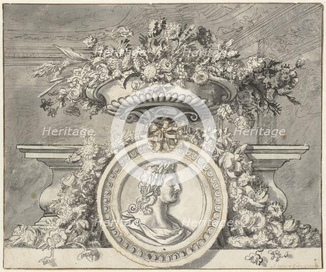 Vase with flowers, and a medallion, c.1692-c.1749. Creator: Jan van Huysum.