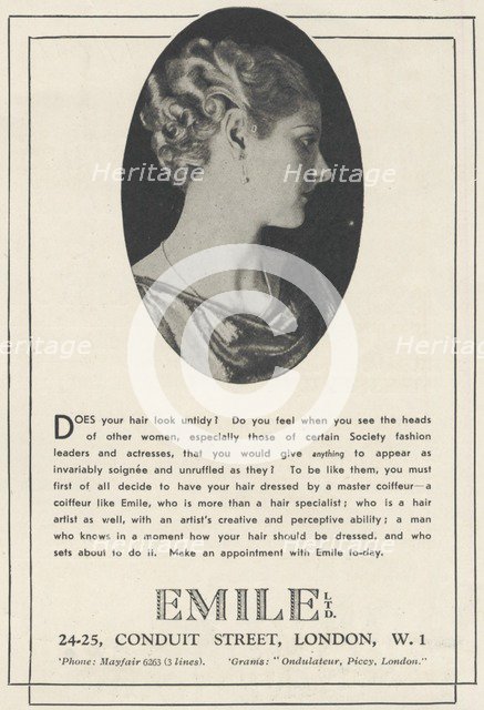 Emile Hairdressing Salon, 1935. Artist: Unknown