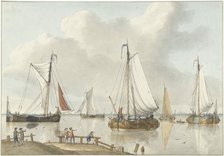 Sailing ships, on the side are five men, 1748-1805. Creator: Jan Arends.