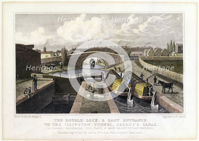 'The Double Lock and East Entrance to the Islington Tunnel, Regent's Canal', 1827. Artist: Frederick James Havell