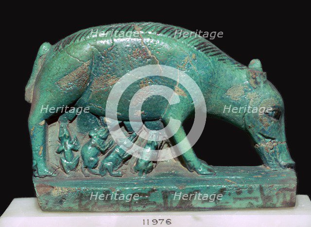 Egyptian faience statuette of a sow and piglets. Artist: Unknown