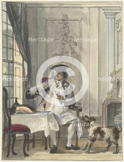 Man dining with a glass of wine and a joint of meat, 1706-1750. Creator: Cornelis Troost.