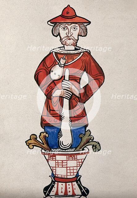 A man pounding a mixture with a pestle and mortar - an emblem from a drug jar. Creator: Unknown.