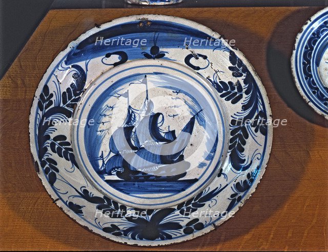 Blue plate with a sailing ship, Catalan ceramics of the 18th century.