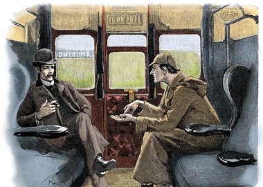 Thumbnail image of The Adventure of Silver Blaze, Holmes and Watson on train. Artist: Sidney E Paget