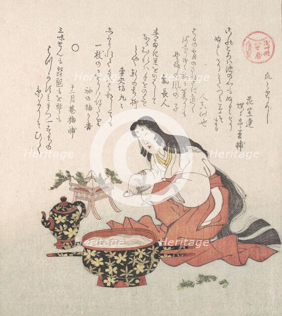 Woman Cutting Her Nails after Gathering Herbs, 19th century. Creator: Kubo Shunman.