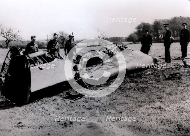 The wreckage of Rudolf Hess's Messerschmidt Bf 110 aircraft, Scotland, World War II, May 1941. Artist: Unknown