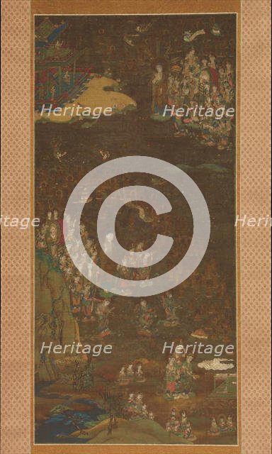 Descent and Return of Amida to Western Paradise with a Believer's Soul (Gosho mandara), c1300. Creator: Unknown.