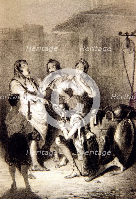 Engraving 'Don Quixote is knighted', character of Miguel de Cervantes, comparative edition of  F.…