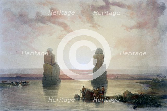 'The Colossi of Memnon, at Thebes, during the Inundation', 19th century. Artist: David Roberts