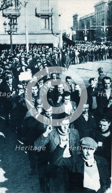 Spanish Civil War, 1936-39. Foreigner volunteers upon arrival to Barcelona to fight alongside the…
