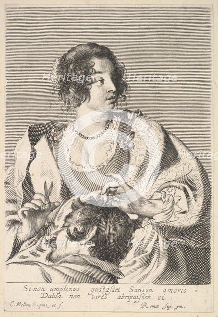 Delilah preparing to cut Samson's hair with scissors in her right hand, below her ches..., ca. 1629. Creator: Nicolas Viennot.