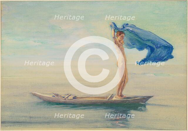 Girl in Bow of Canoe Spreading Out Her Loin-Cloth for a Sail, Samoa, 1895-1896. Creator: John La Farge.