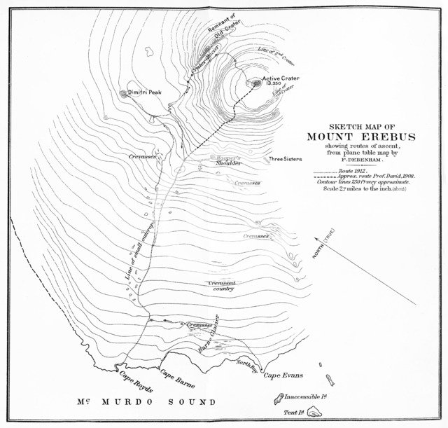 'Sketch Map of Mount Erebus showing routes of ascent', c1912, (1913). Artist: Unknown.