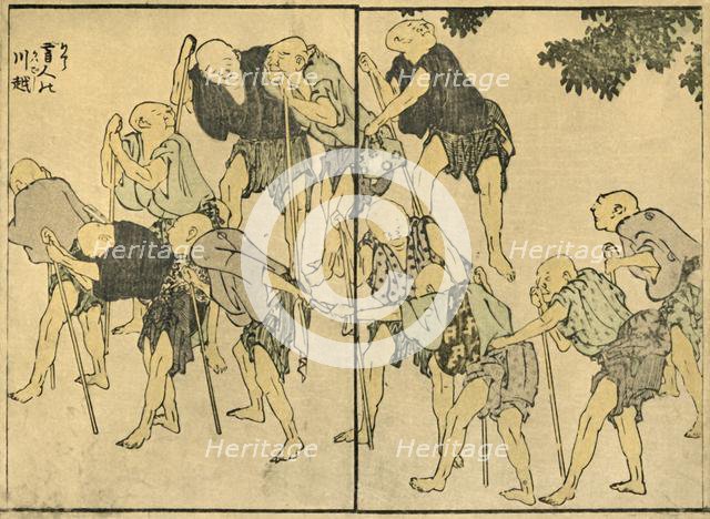 Barefoot elderly men with walking sticks, 1820, (1924).  Creator: Hokusai.