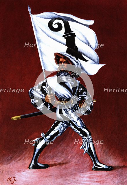 Flag bearer from the canton of Bâle, c. 1520. Color engraving from 1943, published by Editions Fr…