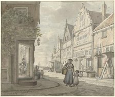 Woman and a child walk on the street in a fishing village, 1817. Creator: Johannes Jelgerhuis.