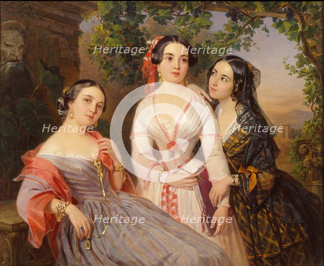 Portrait of Sisters Countess Elizaveta Salias De Tournemire, Sophia Sukhovo-Kobylina and Eudokia Petrovo-Solovovo, 1847. Artist: Orlov, Pimen Nikitich (1812-1863)