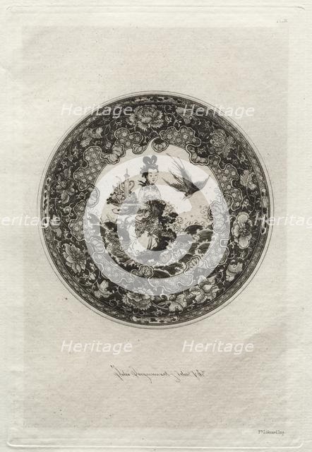Saucer with Rich Enameled Ground and Medallion Representing the Goddess Kounin , c. 1877. Creator: Jules Jacquemart (French, 1837-1880); Ampson Low, Marston, Searle & Rivington.