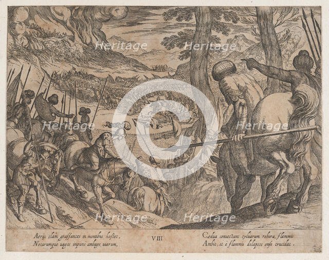 Plate 8: Alexander Encircling the Enemy Troops with Fire, from The Deeds of Alexander the ..., 1608. Creator: Antonio Tempesta.