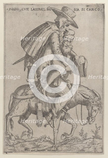 Caricature with two men on a mule, 1575-99. Creator: Giovanni Ambrogio Brambilla.