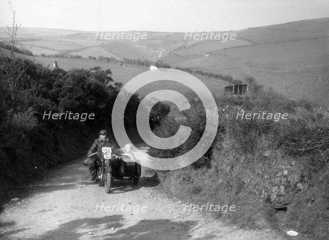 990 cc AJS and sidecar of CF Crossby at the MCC Lands End Trial, Beggars Roost, Devon, 1936. Artist: Bill Brunell.