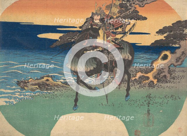Warrior Riding Black Horse along the Sea Shore, ca. 1835., ca. 1835. Creator: Ando Hiroshige.