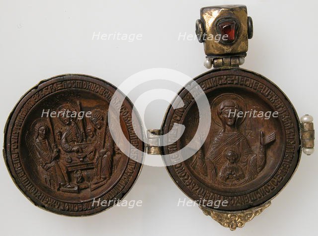 Panagiarion with the Virgin and Child and the Three Angels at Mamre (interior)..., ca. 1500 or later Creator: Unknown.