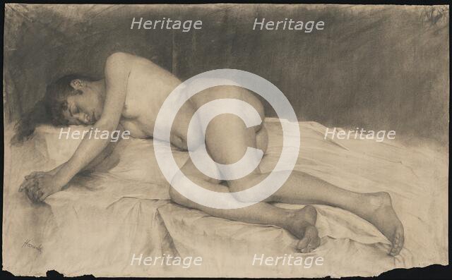 A reclining female nude, around 1892. Creator: Jozef Hanula.