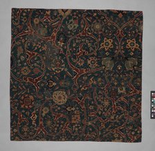 Blue-ground Carpet Fragment with Scrolling Floral Vines, Iran, 17th century. Creator: Unknown.