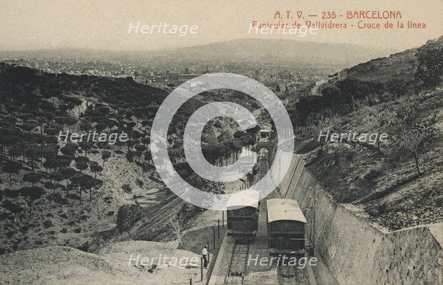 Vallvidrera Funicular, crossing the line, photography of 1915, edited by ATV postcard (Angel Tolr…
