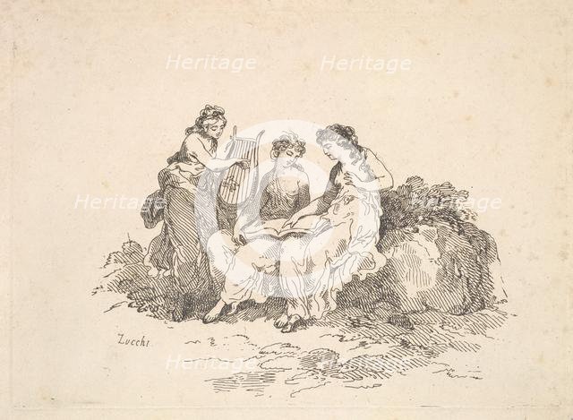 Harmony - Two Nymphs Singing, Another Playing a Lyre, 1784-88. Creator: Thomas Rowlandson.