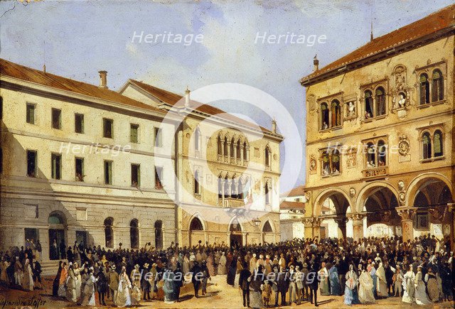 Esposizione del tricolore in Piazza Duomo , 1866.