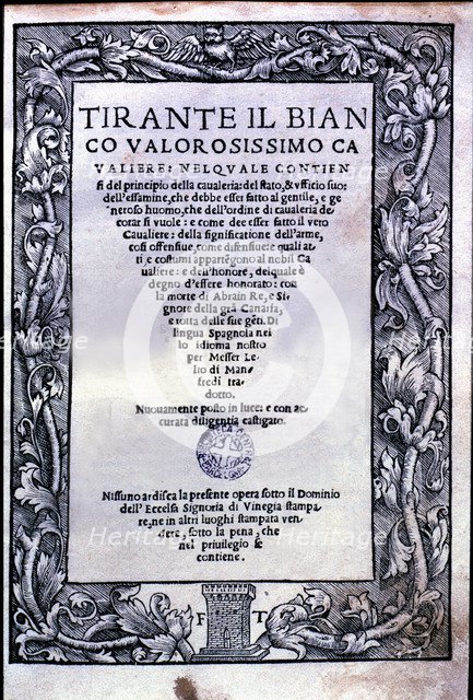 Tirant lo Blanc' by Bernat Martorell, cover of the edition in Italian language, printed in Venice…