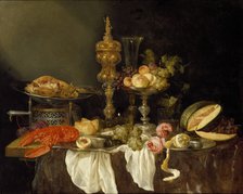 Still Life with a Lobster and Turkey, c1653. Artist: Abraham van Beyeren.