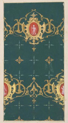 Design for wallpaper featuring rinceaux and cartouches framing figures, 1830-97. Creators: Jules-Edmond-Charles Lachaise, Eugène-Pierre Gourdet.