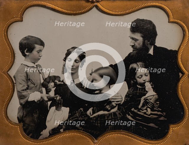 Informal Studio Portrait of Young Family with Three Children, 1850s-60s. Creator: Unknown.