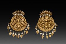 Pair of Earrings with Four-Armed Vishnu Riding Garuda with Nagas (serpent divinities), 1600s or 1700 Creator: Unknown.