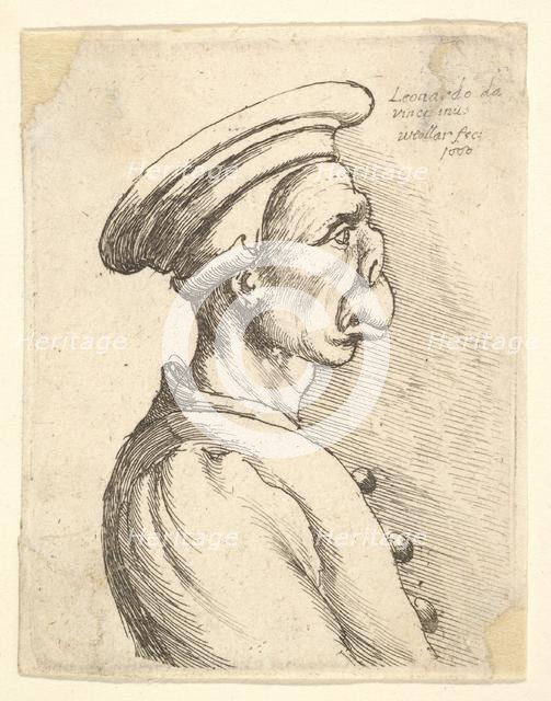 Bust of a man with a flat nose and protruding mouth, wearing flat cap and buttoned coat in..., 1660. Creator: Wenceslaus Hollar.