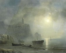 View of a Rocky Coast by Moonlight, 1830-1880. Creator: Theodore Gudin.
