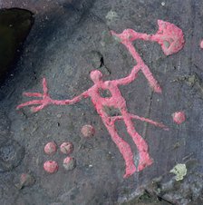 The Axe God, Bronze Age petroglyph at Flyhov, Husaby, Sweden. Artist: Åke Lindau