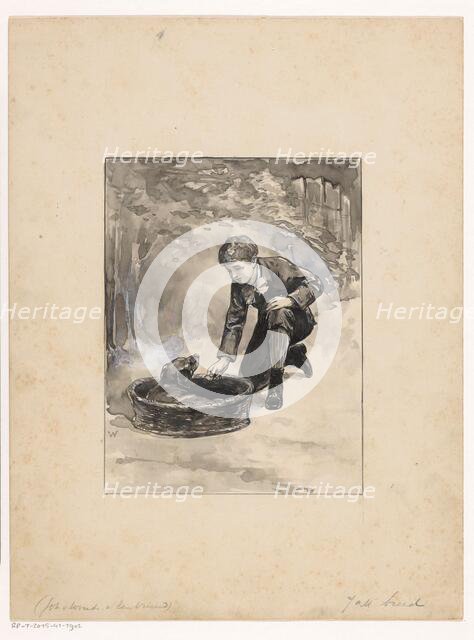 Boy kneels down to dog in a basket, 1870-1937 Creator: Willem Wenckebach.