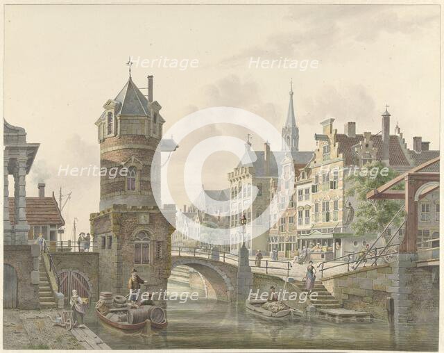Canal in a city with a turret at a stone bridge, 1788-1846. Creator: Jan Hendrik Verheyen.