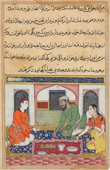 Page from Tales of a Parrot (Tuti-nama): Fortieth night: Shahr-Arai and her husband..., c. 1560. Creator: Unknown.