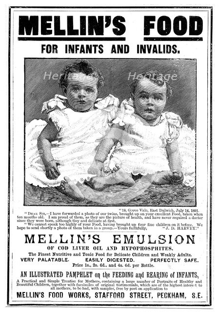 Magazine advertisement for Mellin's Emulsion, a food supplement based on cod liver oil, c1890. Artist: Unknown