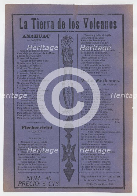 Broadsheet with comic ballads about Mexico, figure with long legs playing the ..., 1920 (published). Creator: José Guadalupe Posada.