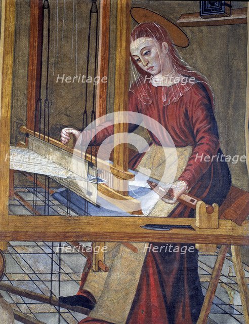 The Nazareth workshop', detail of the Virgin in the loom. Painting on fabric, 1580-1582, by.