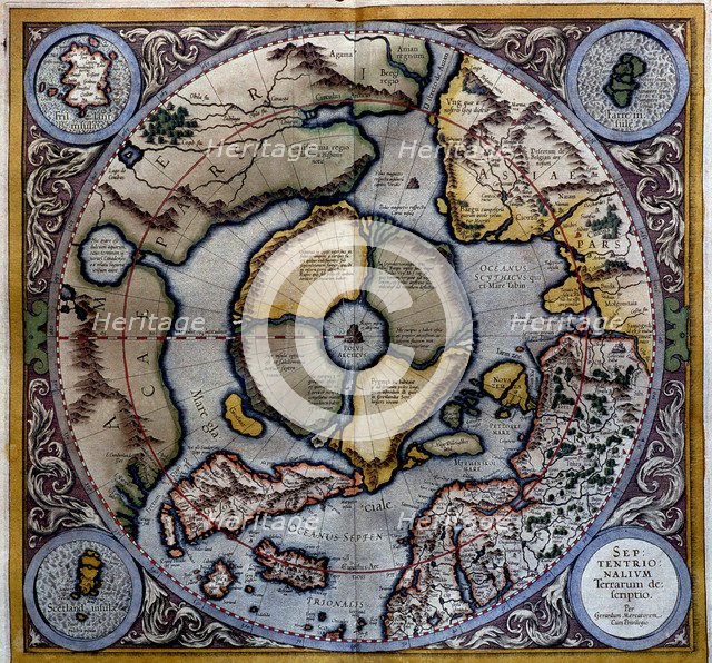  'Atlas of Gerardus Mercator', 1595, map of the Arctic to the North Pole and surrounding lands wi…