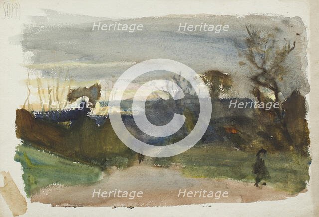 Landscape with figures in a lane at dusk, early-mid 1880s. Creator: George Clausen.