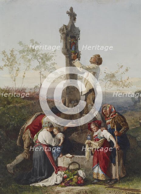 Peasants Decorating Wayside Shrine, 1864. Creator: Gustave Brion.